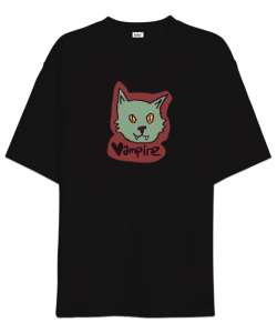 vampir kedi- vampire cat Siyah Oversize Unisex Tişört