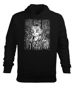 Van Gogh Vintage Starry Night Cat Tasarımı Baskılı Siyah Erkek Kapüşonlu Hoodie Sweatshirt