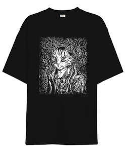 Van Gogh Vintage Starry Night Cat Tasarımı Baskılı Siyah Oversize Unisex Tişört