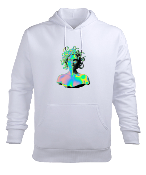 Vaporwave Medusa Beyaz Erkek Kapüşonlu Hoodie Sweatshirt