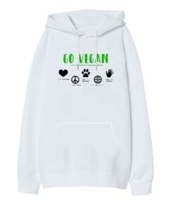 Vegan - Vejeteryan Beyaz Oversize Unisex Kapüşonlu Sweatshirt