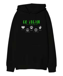 Vegan - Vejeteryan Siyah Oversize Unisex Kapüşonlu Sweatshirt