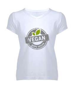 Vegan - Vejeteryan V2 Beyaz Kadın V Yaka Tişört