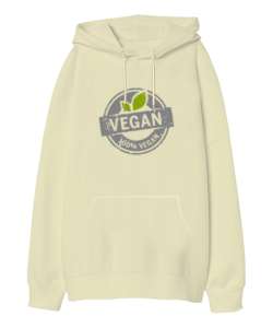 Vegan - Vejeteryan V2 Krem Oversize Unisex Kapüşonlu Sweatshirt