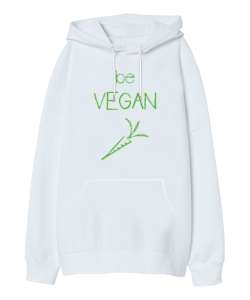 Vegan - Vejeteryan V3 Beyaz Oversize Unisex Kapüşonlu Sweatshirt