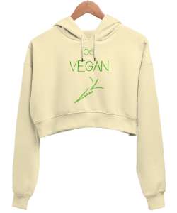 Vegan - Vejeteryan V3 Krem Kadın Crop Hoodie Kapüşonlu Sweatshirt