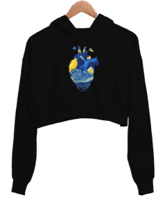 Vincent Van Gogh Heart Baskılı Kadın Crop Hoodie Kapüşonlu Sweatshirt