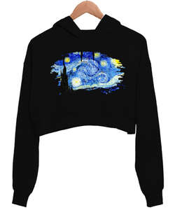 Vincent Van Gogh Stylish Vintage Art Starry Night Baskılı Siyah Kadın Crop Hoodie Kapüşonlu Sweatshirt