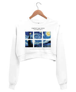 Vincent Van Gogh Yıldızlı Gece Beyaz Kadın Crop Sweatshirt