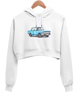 Vintage Car - Otomobil Beyaz Kadın Crop Hoodie Kapüşonlu Sweatshirt