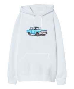 Vintage Car - Otomobil Beyaz Oversize Unisex Kapüşonlu Sweatshirt