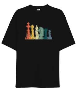 Vintage Chess Retro Chess, Klasik Satranç Baskılı Siyah Oversize Unisex Tişört