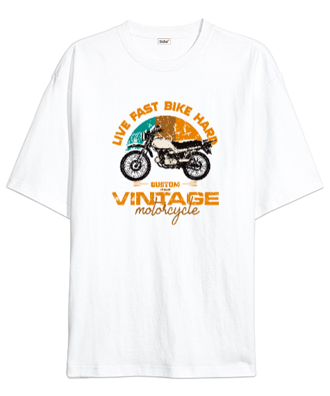 Tisho - Vintage Motosiklet - Motorcycle Beyaz Oversize Unisex Tişört