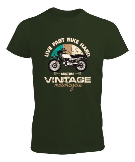 Tisho - Vintage Motosiklet - Motorcycle Haki Yeşili Erkek Tişört