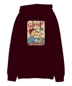 Vintage Poster - Welcome Garage Bordo Oversize Unisex Kapüşonlu Sweatshirt