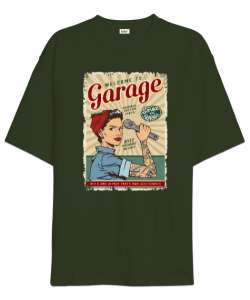 Vintage Poster - Welcome Garage Haki Yeşili Oversize Unisex Tişört