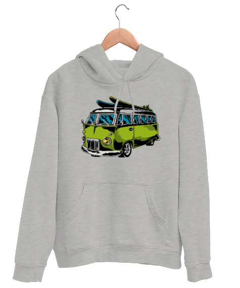 Tisho - Vintage Retro Minibüs Gri Unisex Kapşonlu Sweatshirt