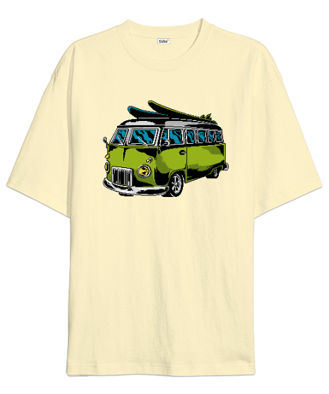 Tisho - Vintage Retro Minibüs Krem Oversize Unisex Tişört