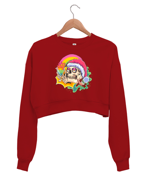 Tisho - Vintage Retro Skull - Eğlenen Kafatası Kırmızı Kadın Crop Sweatshirt