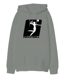 Volleyball - Voleybol Gri Oversize Unisex Kapüşonlu Sweatshirt