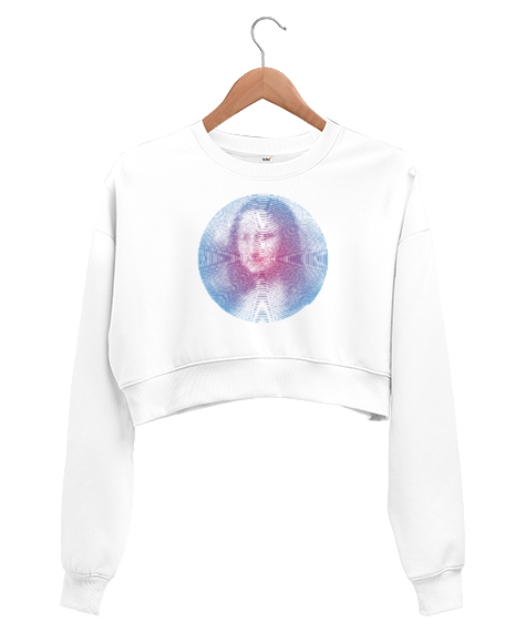 Tisho - Vorteks Mona Lisa Çizim Beyaz Kadın Crop Sweatshirt