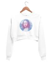 Vorteks Mona Lisa Çizim Beyaz Kadın Crop Sweatshirt - Thumbnail