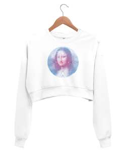 Vorteks Mona Lisa Çizim Beyaz Kadın Crop Sweatshirt