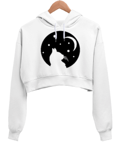 VORTEX kedi ve ay Kadın Crop Hoodie Kapüşonlu Sweatshirt