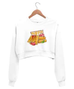 Waffle baskılı Beyaz Kadın Crop Sweatshirt