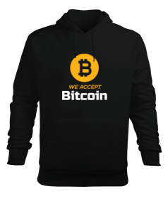 We Accept Bitcoin v1H Black Front Erkek Kapüşonlu Hoodie Sweatshirt