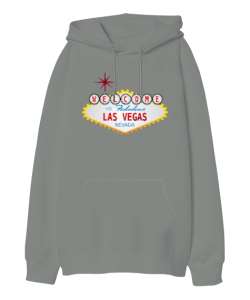 Welcome Las Vegas Nevada Gri Oversize Unisex Kapüşonlu Sweatshirt