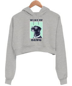 What Up Dawg Gri Kadın Crop Hoodie Kapüşonlu Sweatshirt