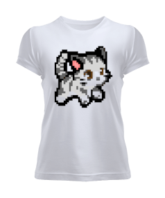 White Grey Pixel Cat Kadın Tişört