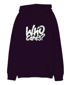 Who Cares Koyu Mor Oversize Unisex Kapüşonlu Sweatshirt