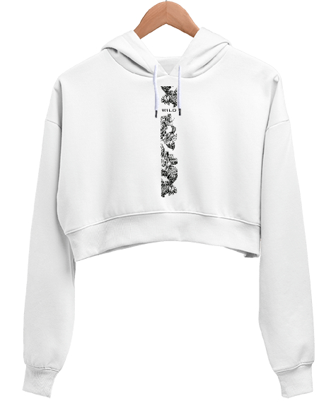 Wild Beyaz Kadın Crop Hoodie Kapüşonlu Sweatshirt