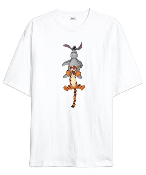 Tisho - Winnie the Pooh Tiger and Eeyore Beyaz Oversize Unisex Tişört