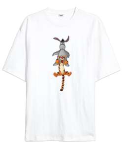 Winnie the Pooh Tiger and Eeyore Beyaz Oversize Unisex Tişört