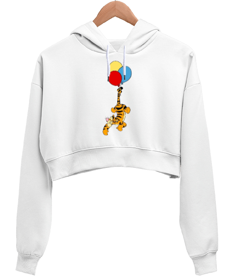 Tisho - Winnie The Pooh Tiger Beyaz Kadın Crop Hoodie Kapüşonlu Sweatshirt