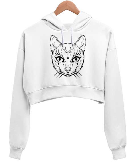 Witch Kedi Beyaz Kadın Crop Hoodie Kapüşonlu Sweatshirt