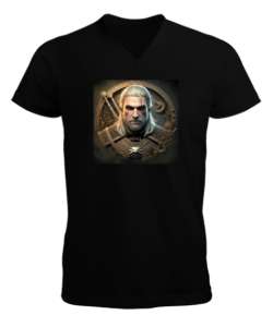 Witcher Geralt Siyah Erkek Kısa Kol V Yaka Tişört