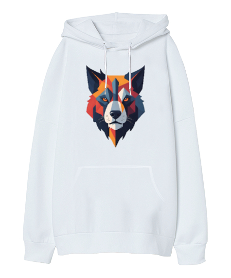 Tisho - wolf Beyaz Oversize Unisex Kapüşonlu Sweatshirt