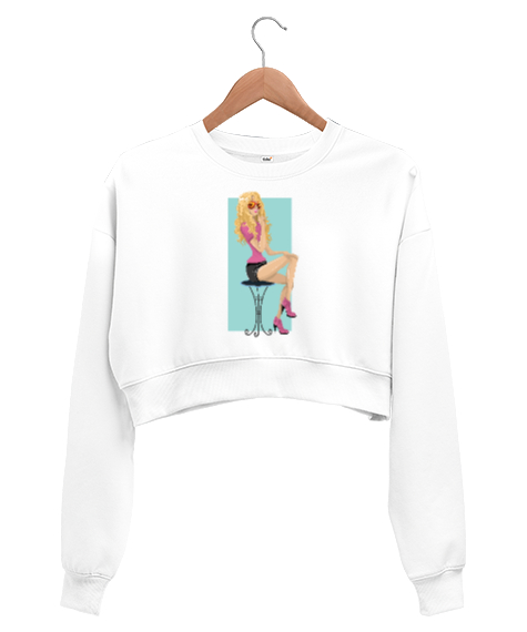 Woman Silhouette - Sarışın Beyaz Kadın Crop Sweatshirt