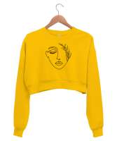 Woman Silhouette - Yüz Silüet ve Yapraklar Sarı Kadın Crop Sweatshirt - Thumbnail