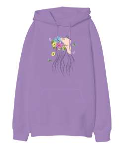 Women Silhouette Art - Sanatsal Silüet Lila Oversize Unisex Kapüşonlu Sweatshirt