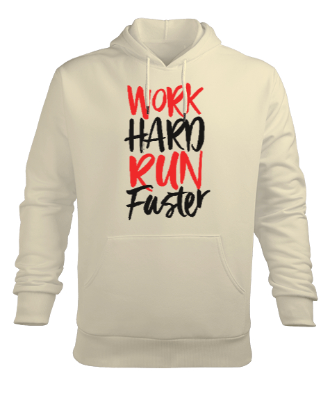 Work Hard Run Faster Baskılı Krem Erkek Kapüşonlu Hoodie Sweatshirt