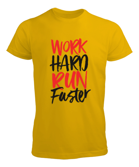 Work Hard Run Faster Baskılı Sarı Erkek Tişört