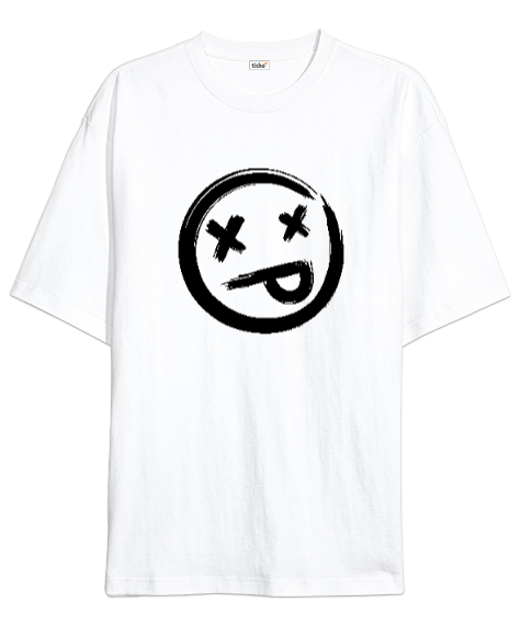 Tisho - X Gözlü Emoji Surat - Face Beyaz Oversize Unisex Tişört