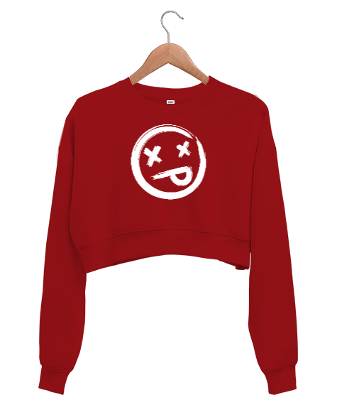 Tisho - X Gözlü Emoji Surat - Face Kırmızı Kadın Crop Sweatshirt