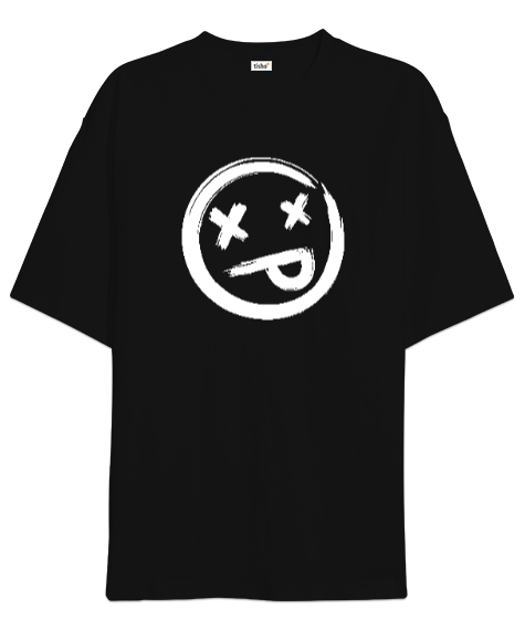 Tisho - X Gözlü Emoji Surat - Face Siyah Oversize Unisex Tişört