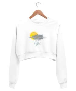 Yağmur ve Güneş Beyaz Kadın Crop Sweatshirt